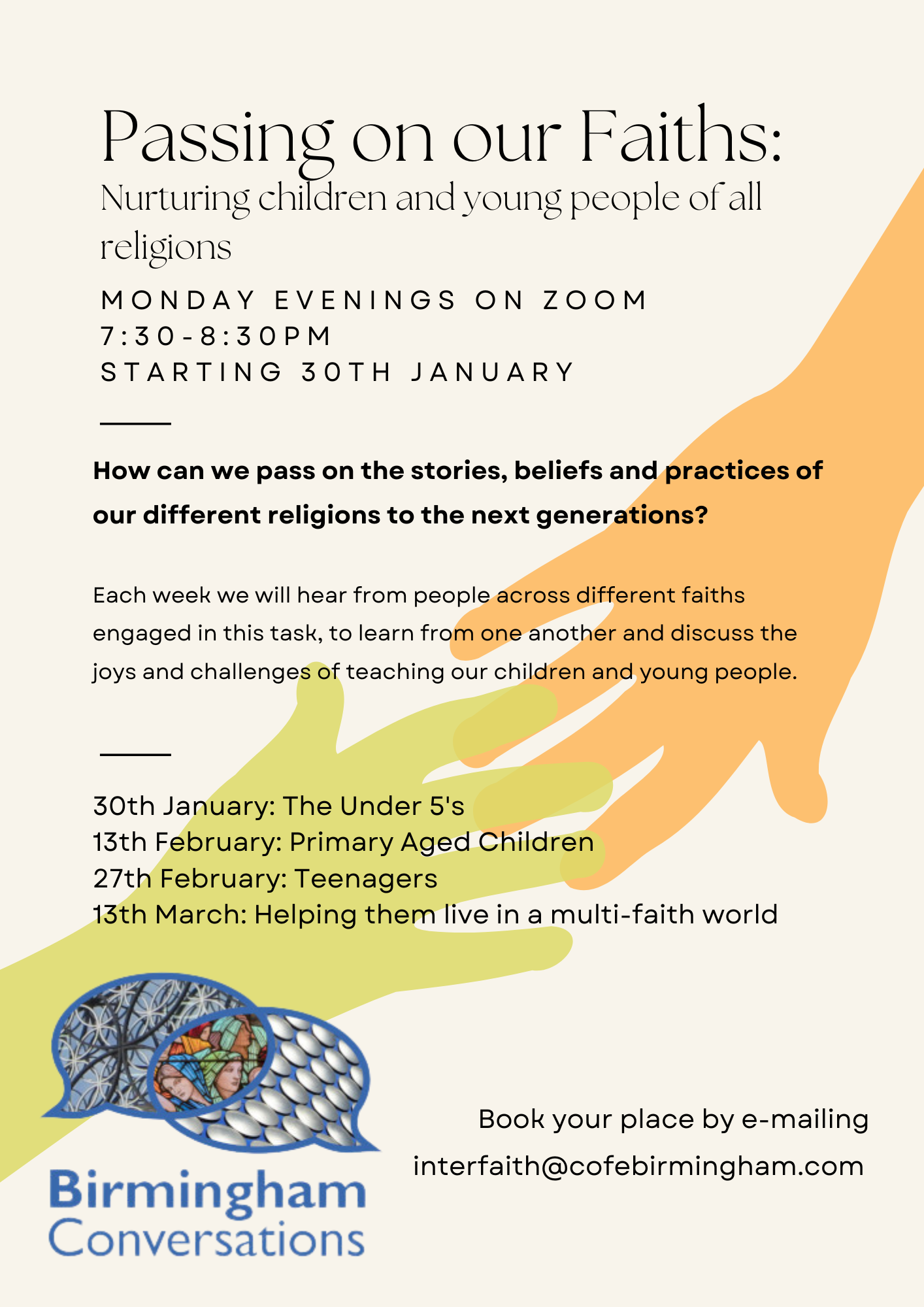 Publicity poster for the Passing on Our Faiths series of conversations.
